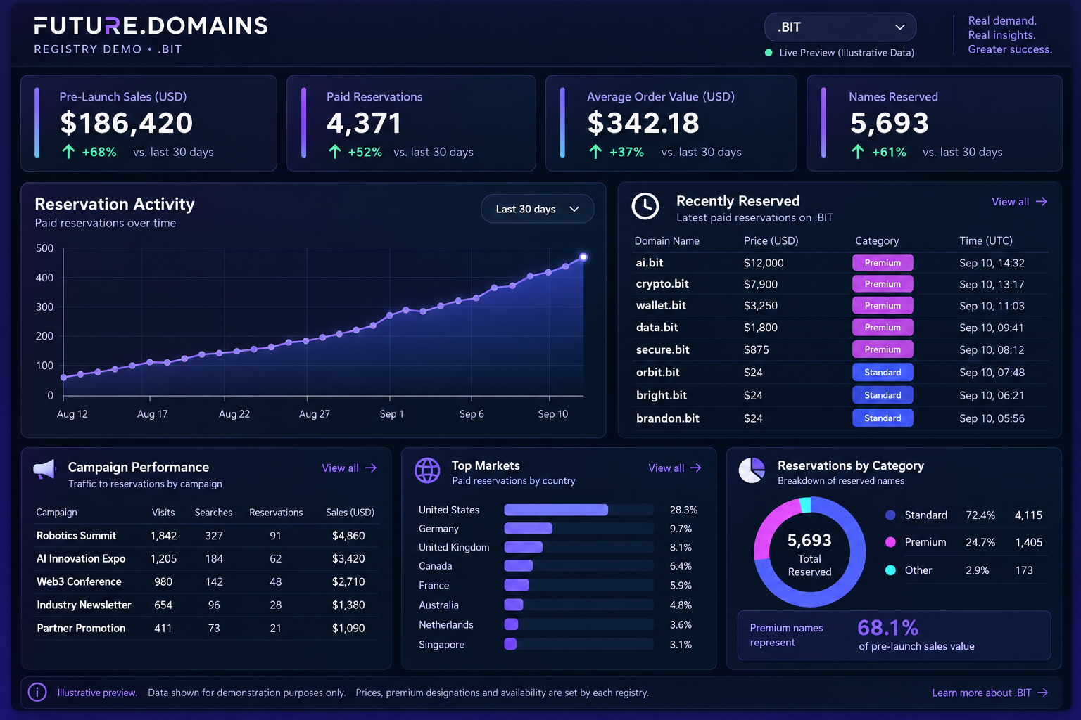 Illustrative Future.Domains .BIT commercial dashboard with campaign performance, top markets, premium inventory and reservations